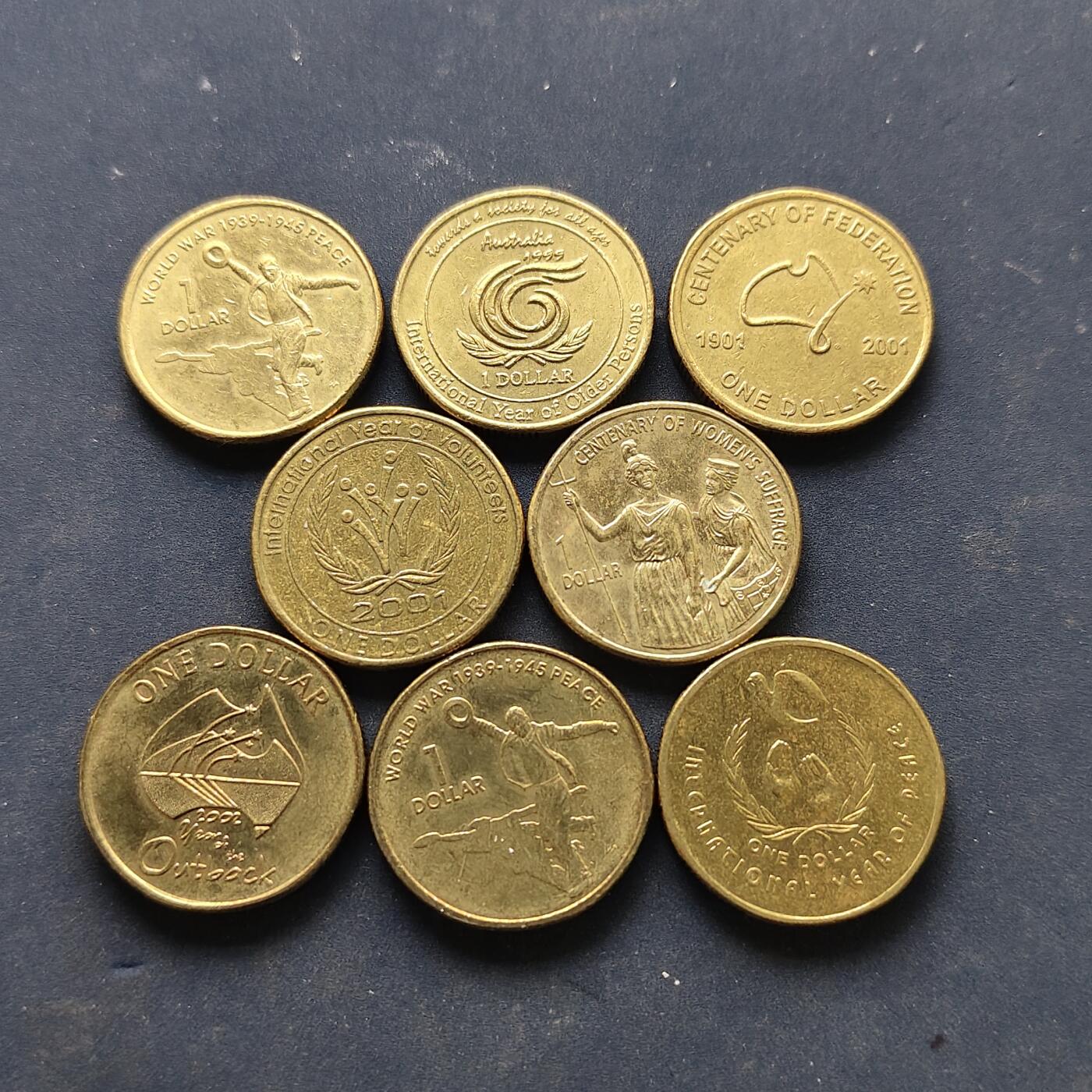 【全场包邮】纯粹捡漏拍518场 澳大利亚1986-2005年1元纪念币8枚一组