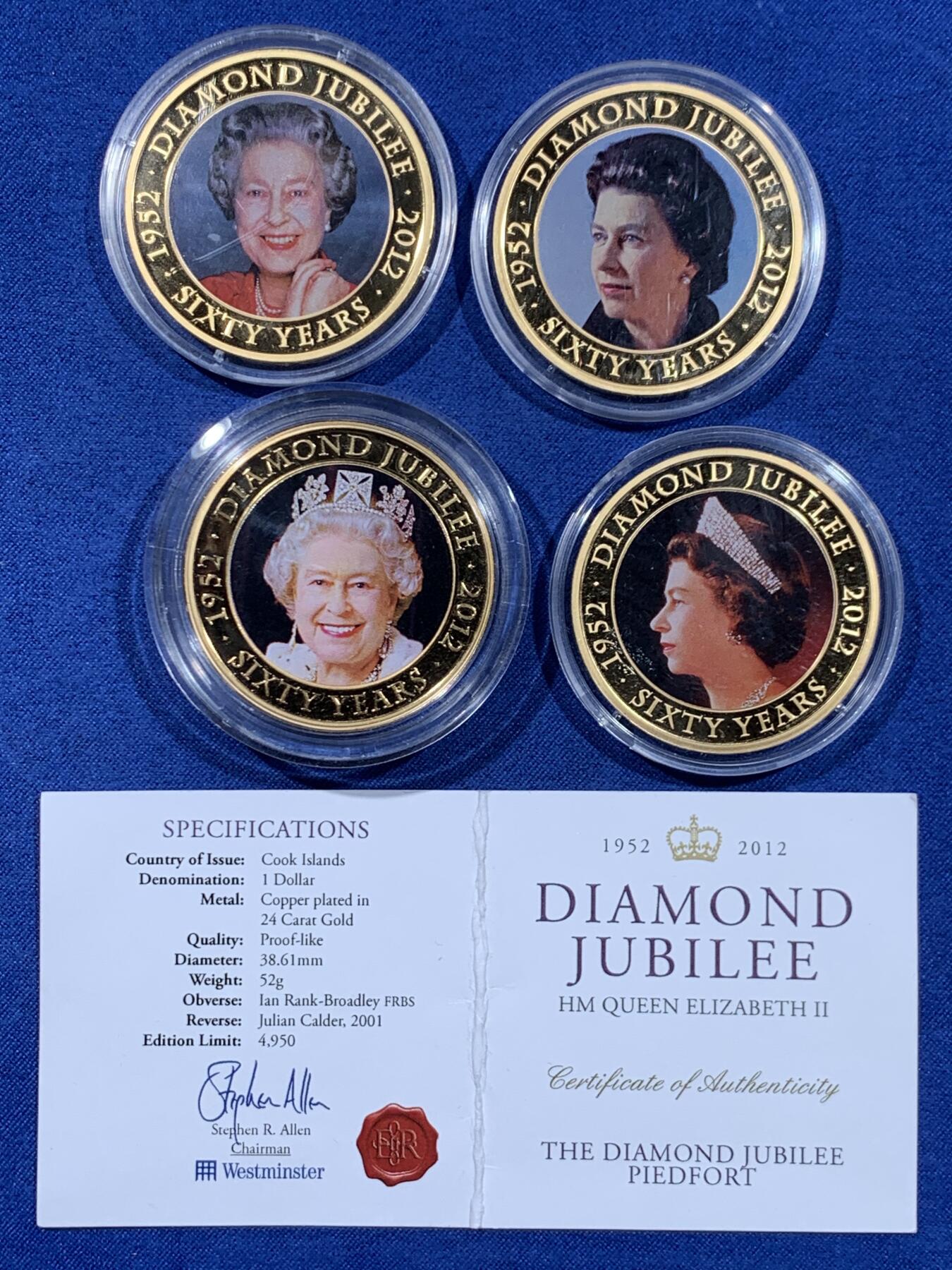 《竞宝斋》第477场 周日，周一 2场连拍 （全场包邮）欢迎送拍 四枚一组 伊丽莎白二世钻石婚礼库克群岛1镑24k镀金纪念币，其中一枚是加厚版带证书。