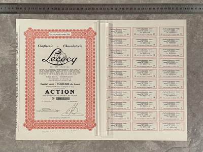  【乾奕收藏】比利时莱科克糖果巧克力有限公司1944年10月6日无记名股票，编号003324，15000000法郎资本，分为3750股，品相以图为准，适合老证券、股票、历史资料收藏 -  【乾奕收藏】比利时莱科克糖果巧克力有限公司1944年10月6日无记名股票，编号003324，15000000法郎资本，分为3750股，品相以图为准，适合老证券、股票、历史资料收藏