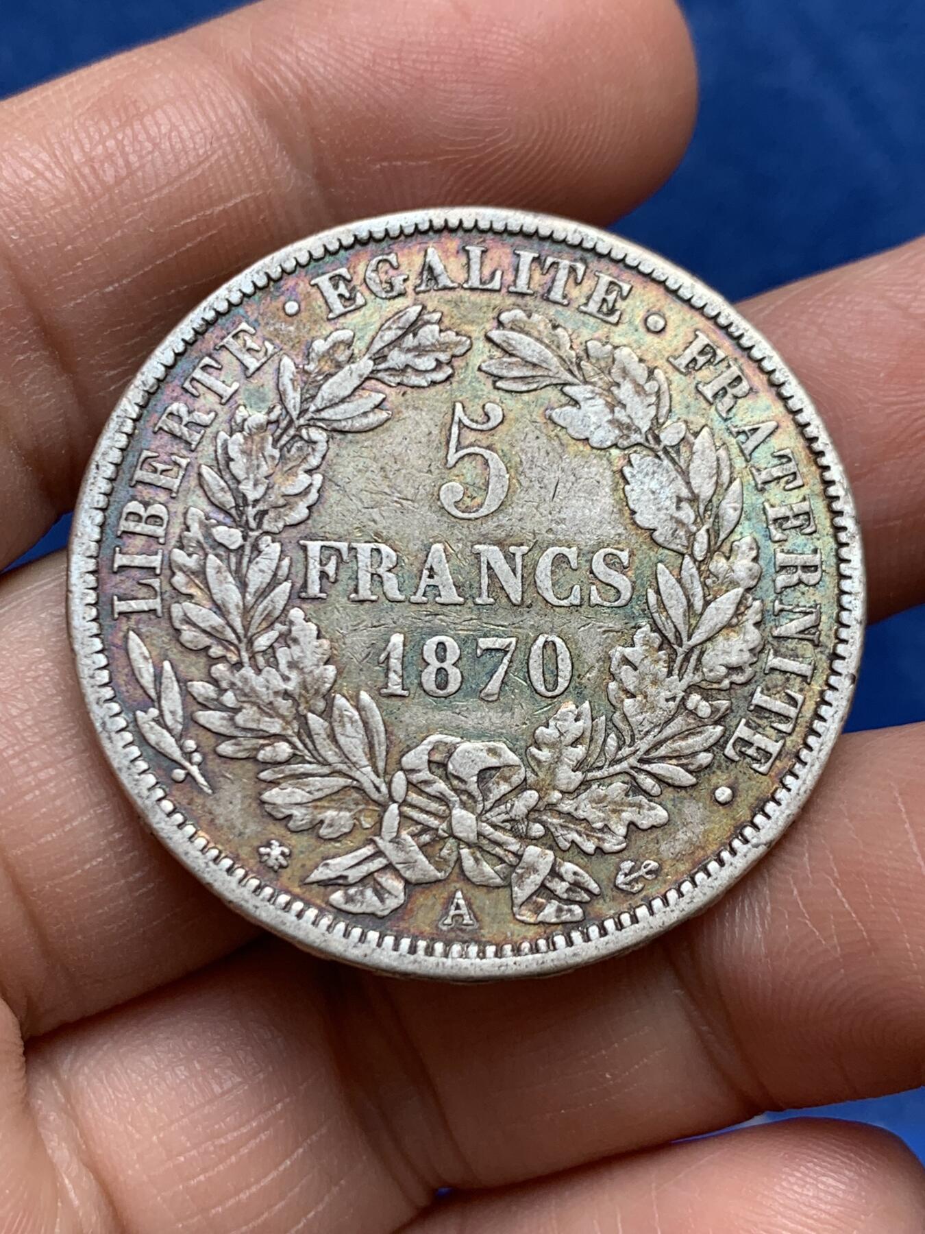 《竞宝斋》第477场 周日，周一 2场连拍 （全场包邮）欢迎送拍 法国1870年A版谷物女神5法郎银币