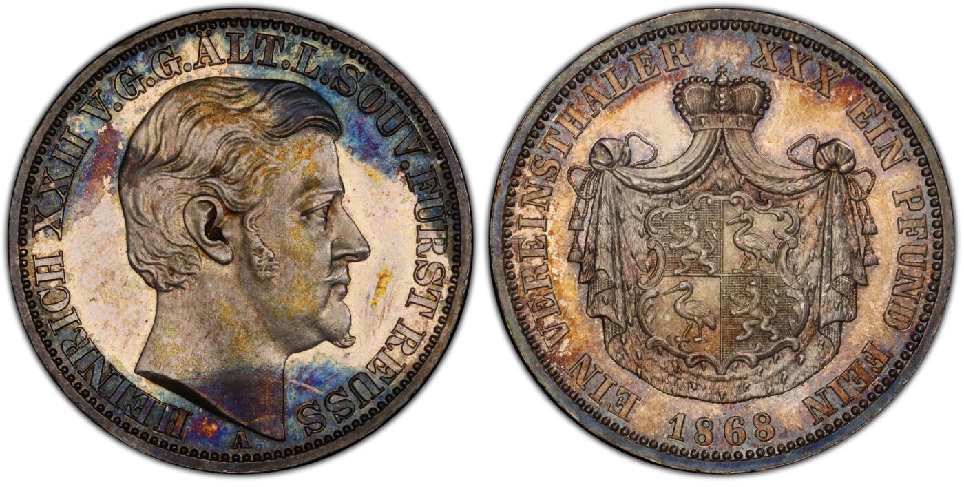 万国钱币拍卖第064期 PCGS PR63 1868年德国罗伊斯-上格莱茨精制纹章1泰勒 小邦中也是名列前茅的高难品种 仅单年发行7100枚 普制好品已是难得一见 精制更是凤毛麟角 精制镜面地板在靛蓝环五彩的加持下给人以强烈的视觉冲击 错过难再寻的顶级收藏品质
