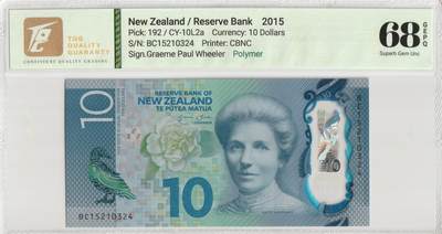 PThappally收藏第56次拍卖，英联邦地区硬币纸币 - 新西兰储备银行 2015 年 10 元 Pick 192 TQG 68 GEPQ Superb Gem UNC