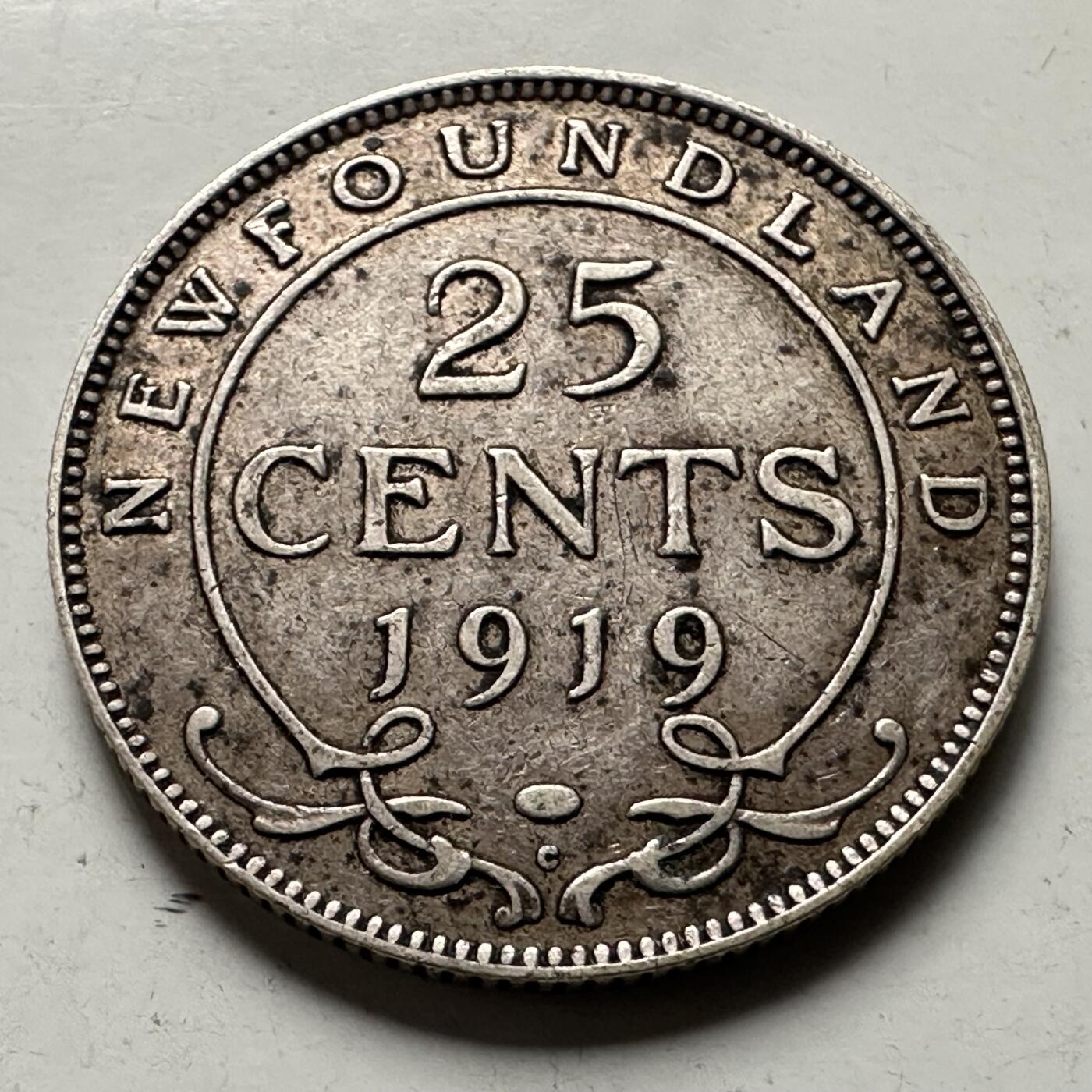 🌹外币初藏🌹🐯2026年第38场   每周二四六晚8️⃣点 世界钱币 纽芬兰 1919年 乔治五世 25分 23.9mm-5.83g-92.5%银 银币