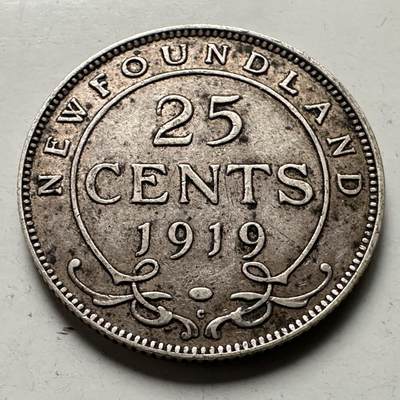 🌹外币初藏🌹🐯2026年第38场   每周二四六晚8️⃣点 世界钱币 - 纽芬兰 1919年 乔治五世 25分 23.9mm-5.83g-92.5%银 银币