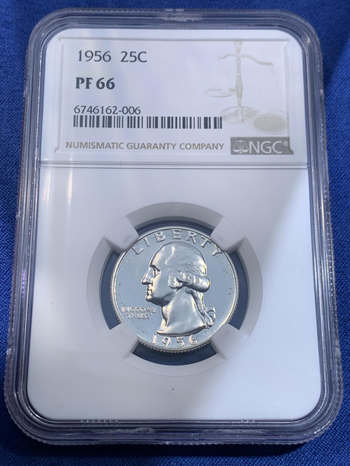 《竞宝斋》第477场 周日，周一 2场连拍 （全场包邮）欢迎送拍 NGC PF66 美国1956年富兰克林25美分精制银币