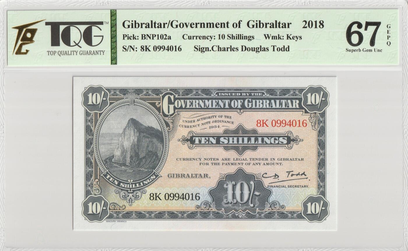 PThappally收藏第56次拍卖，英联邦地区硬币纸币 直布罗陀政府 2018 年 10 先令 Pick W41 TQG 67 Superb Gem UNC