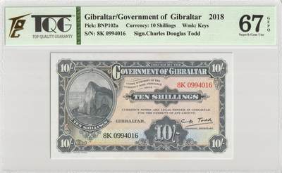 PThappally收藏第56次拍卖，英联邦地区硬币纸币 - 直布罗陀政府 2018 年 10 先令 Pick W41 TQG 67 Superb Gem UNC