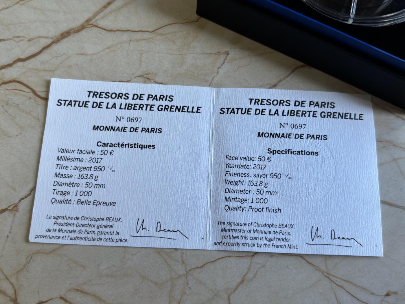 第197期拍卖 法国2017年建筑艺术瑰宝自由女神镀金163.8克纪念银币，950银镀金，163.8克，发行1000枚