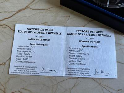 法国2017年建筑艺术瑰宝自由女神镀金163.8克纪念银币，950银镀金，163.8克，发行1000枚
