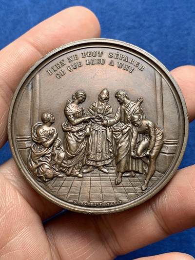 《竞宝斋》第477场 周日，周一 2场连拍 （全场包邮）欢迎送拍 - 法国19世纪婚礼纪念大铜章 52.5mm 67g 蜜蜂铜标 未刻字使用