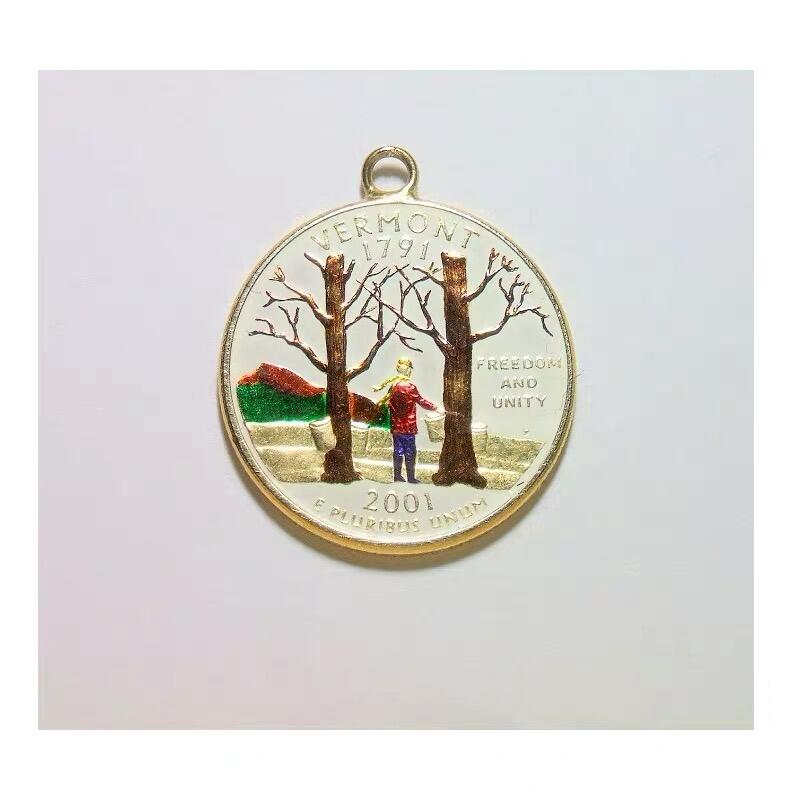 纯手工 美国2001年佛蒙特州 华盛顿琅彩镀金高浮雕精制币章吊坠 25MM
