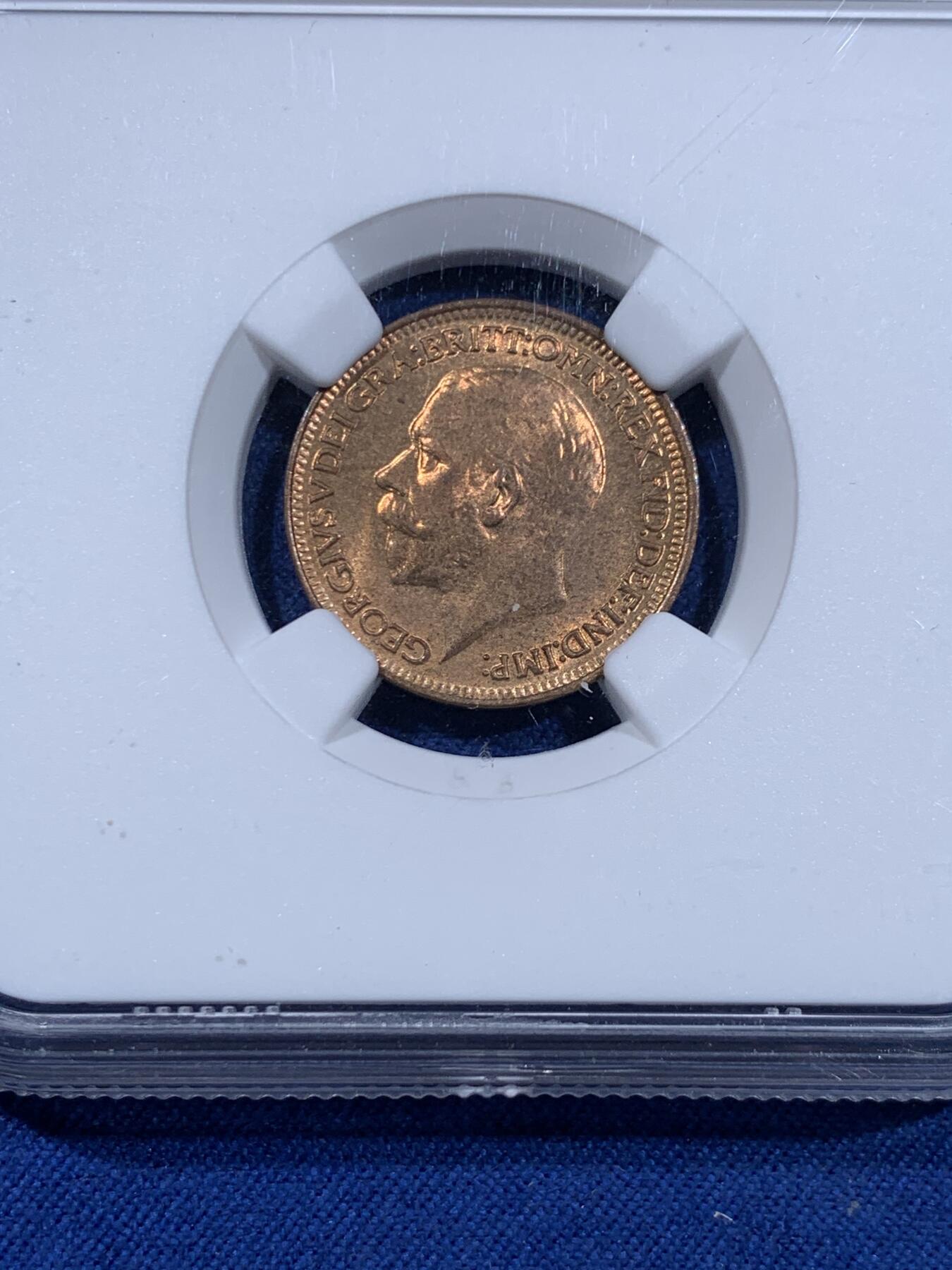 《竞宝斋》第477场 周日，周一 2场连拍 （全场包邮）欢迎送拍 NGC MS65RB 英国 1928年 乔治五世 1法新铜 1/4便士铜币 第三版头像相较前两版对于细节的营造更为清晰，整体更加工整。高分难得