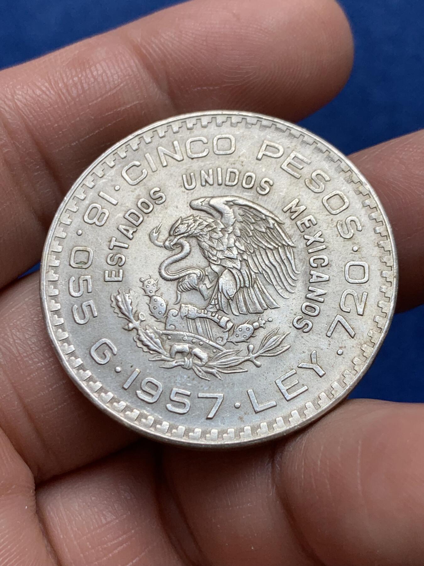 《竞宝斋》第477场 周日，周一 2场连拍 （全场包邮）欢迎送拍 墨西哥 1957年 宪法百年纪念 5比索 银币