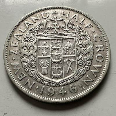 🌹外币初藏🌹🐯2026年第38场   每周二四六晚8️⃣点 世界钱币 - 新西兰 1946年 乔治六世 半克朗 32mm-14.14g-50%银 银币