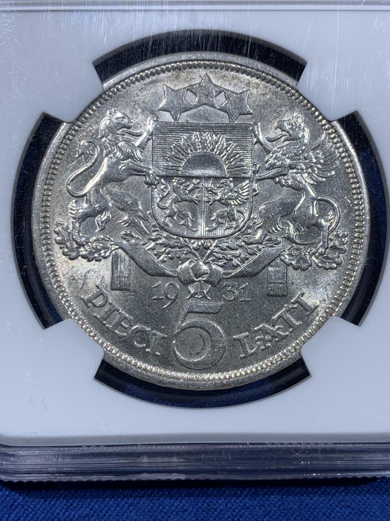 《竞宝斋》第477场 周日，周一 2场连拍 （全场包邮）欢迎送拍 NGC MS62 拉脱维亚1931年5拉特银币，未流通品相，收藏价值极高