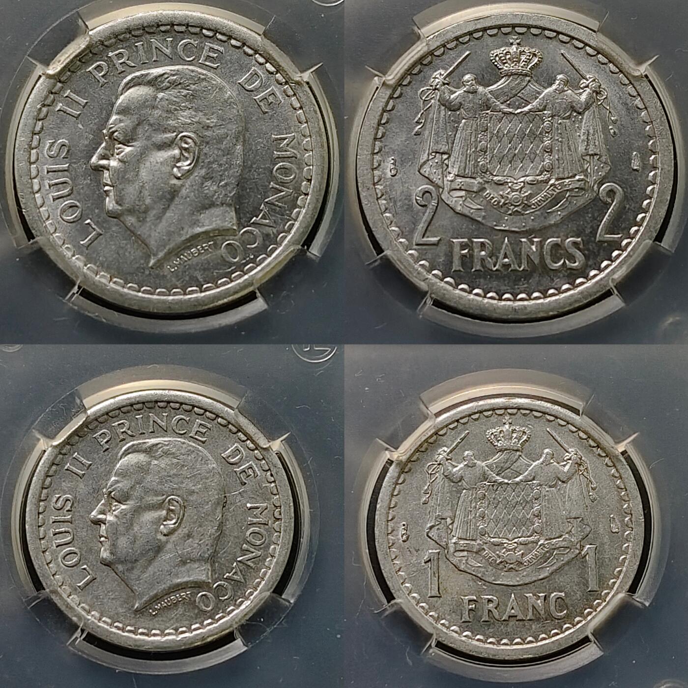 【全场包邮】纯粹捡漏拍518场 摩纳哥1943年路易二世1-2法郎2枚套币 UNC品相（中拍3套以下拆盒发货）