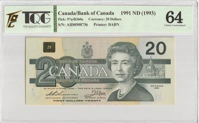 PThappally收藏第56次拍卖，英联邦地区硬币纸币 - 加拿大银行 1993年 20加元 Pick 97a
