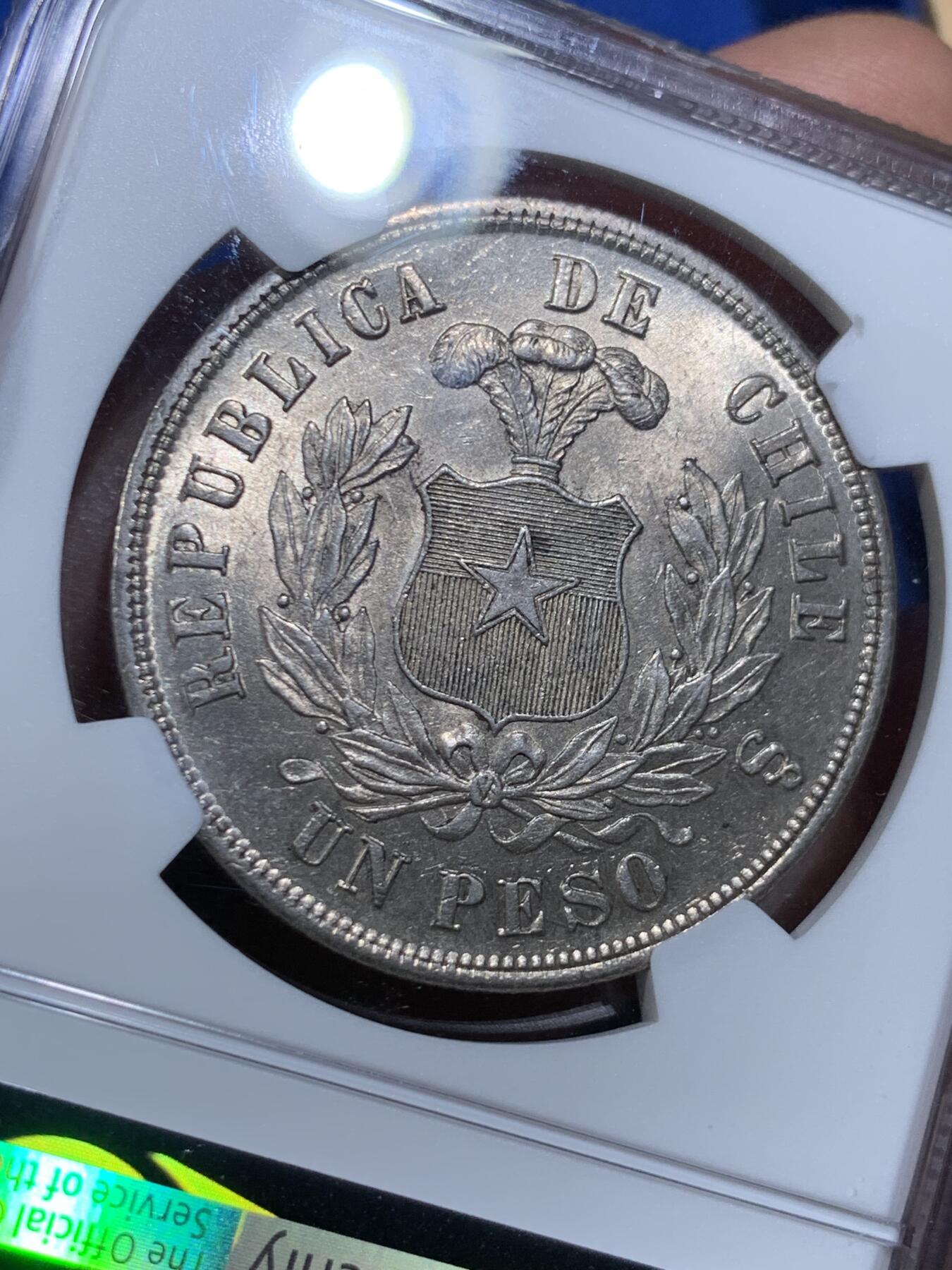 《竞宝斋》第477场 周日，周一 2场连拍 （全场包邮）欢迎送拍 NGC MS63 智利1882年1比索大银币