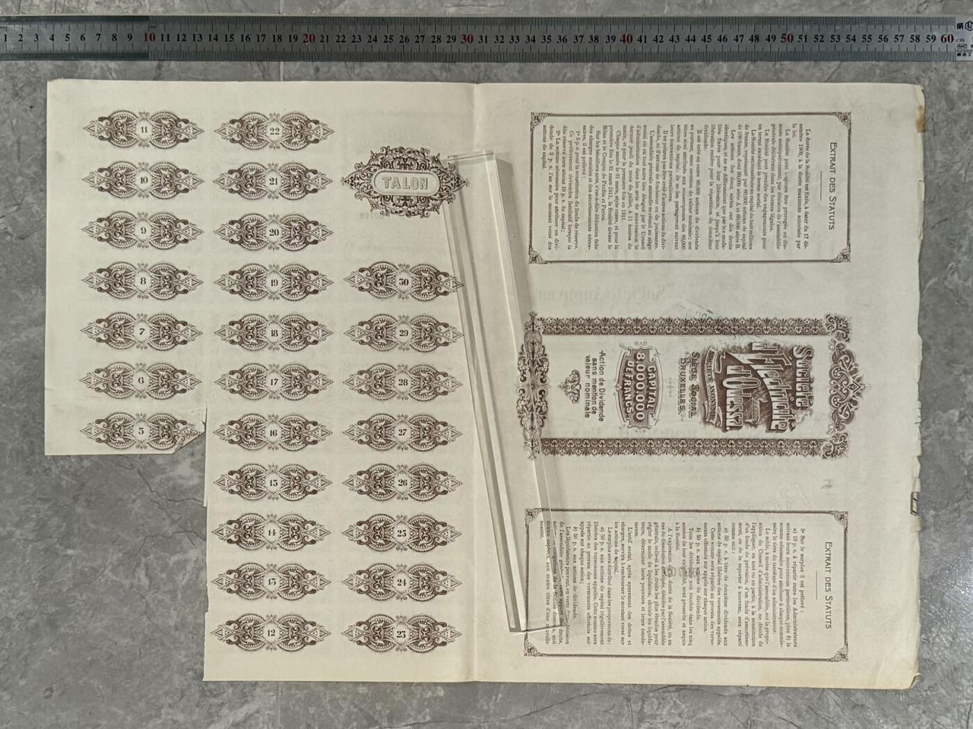  【乾奕收藏】上世纪初1923年法国敖德萨电力公司无记名股票100股股票，8000000法郎资本，分为80000股，编号69700号，品相以图为准，适合老证券、股票、历史资料收藏。