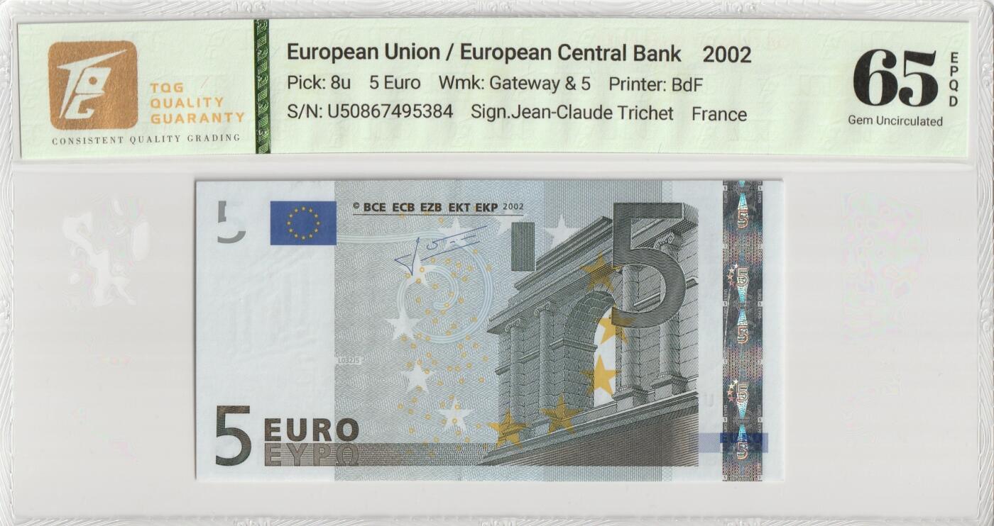 PThappally收藏第56次拍卖，英联邦地区硬币纸币 欧洲联盟中央银行 2002 5 欧元 Pick 8 (U) France TQG 65 EPQF Gem UNC