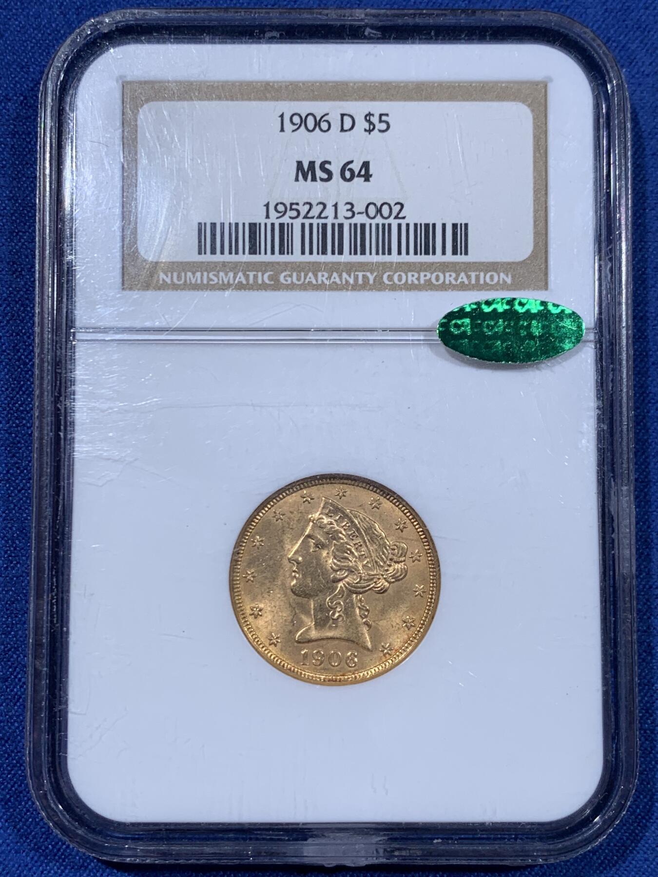 《竞宝斋》第477场 周日，周一 2场连拍 （全场包邮）欢迎送拍 NGC MS64 CAC 美国老鹰金币 1906 D丹佛造币厂首年开铸的金币 900金 8.359克 此枚打制精美 转光犀利 老盒严评配上CAC认证 实乃不可多得的藏品