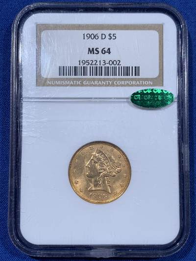 《竞宝斋》第477场 周日，周一 2场连拍 （全场包邮）欢迎送拍 - NGC MS64 CAC 美国老鹰金币 1906 D丹佛造币厂首年开铸的金币 900金 8.359克 此枚打制精美 转光犀利 老盒严评配上CAC认证 实乃不可多得的藏品
