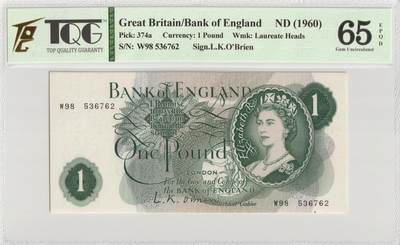 PThappally收藏第56次拍卖，英联邦地区硬币纸币 - 英格兰银行 1960 年 1 镑 Pick 374a TQG 65 EPQD Gem UNC