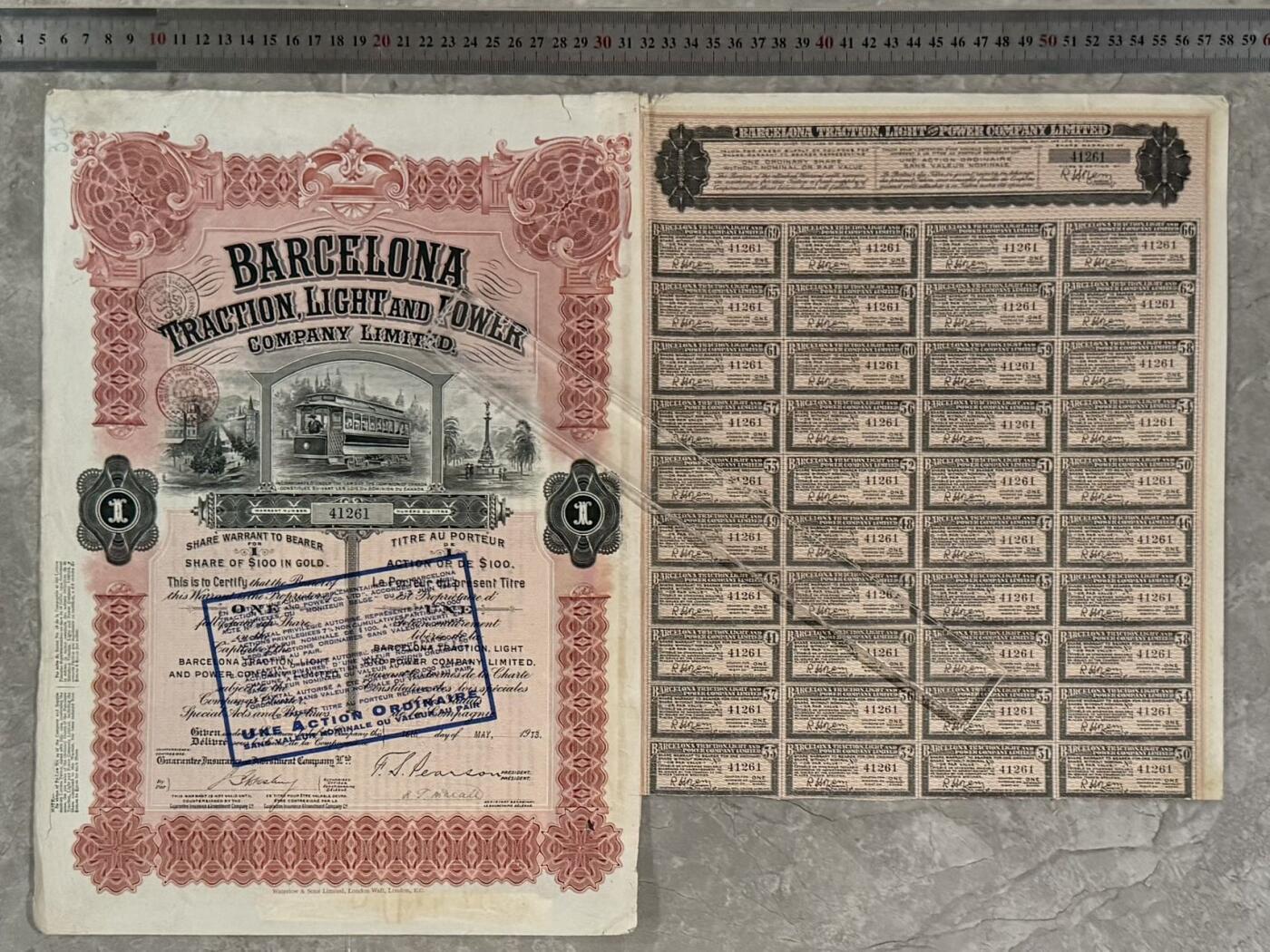  【乾奕收藏】上世纪初西班牙巴塞罗那电车电灯电力公司1913年100美元黄金股票，编号41261，送背面原始票据，品相以图为准，适合老证券、股票、历史资料收藏
