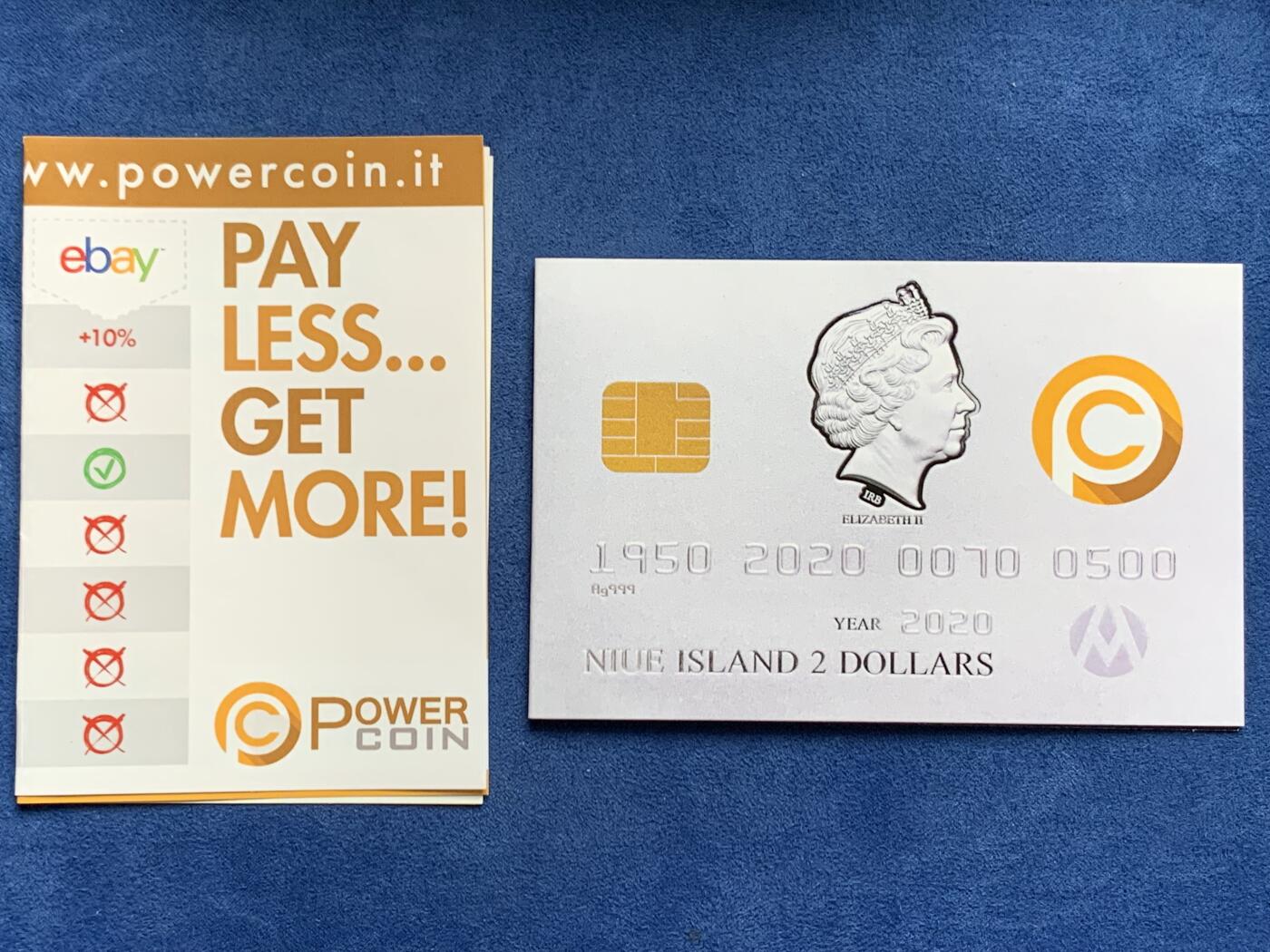 《竞宝斋》第477场 周日，周一 2场连拍 （全场包邮）欢迎送拍 纽埃2020年信用卡70周年（powercoin特别版）2元反精制方形银币 46.46克 1.5盎司 999银 发行量100枚 盒证全