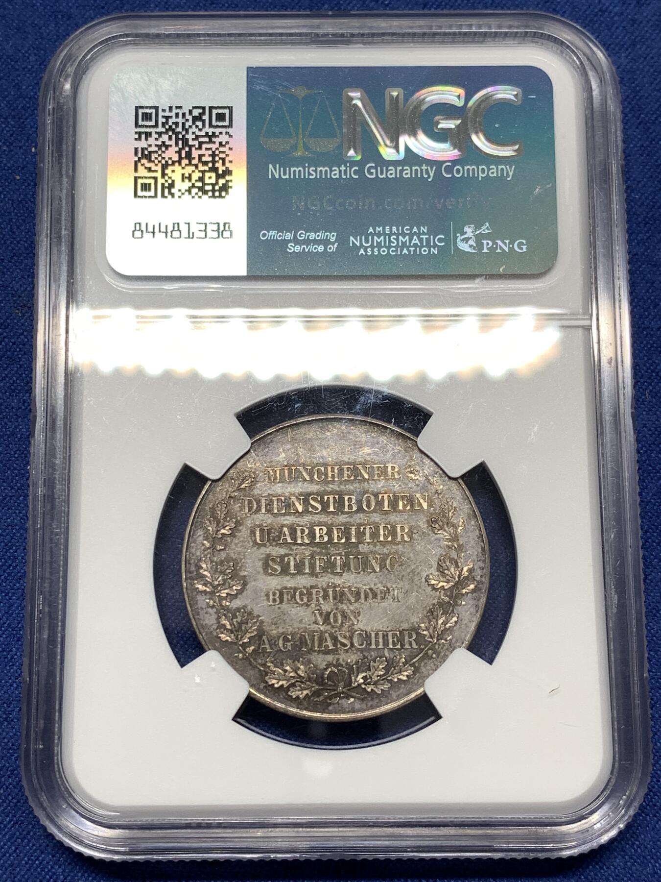 《竞宝斋》第477场 周日，周一 2场连拍 （全场包邮）欢迎送拍 NGC MS62 德国20世纪初巴伐利亚慕尼黑玛舍尔基金会纪念银章 原味黑彩 罕见品种收藏品质