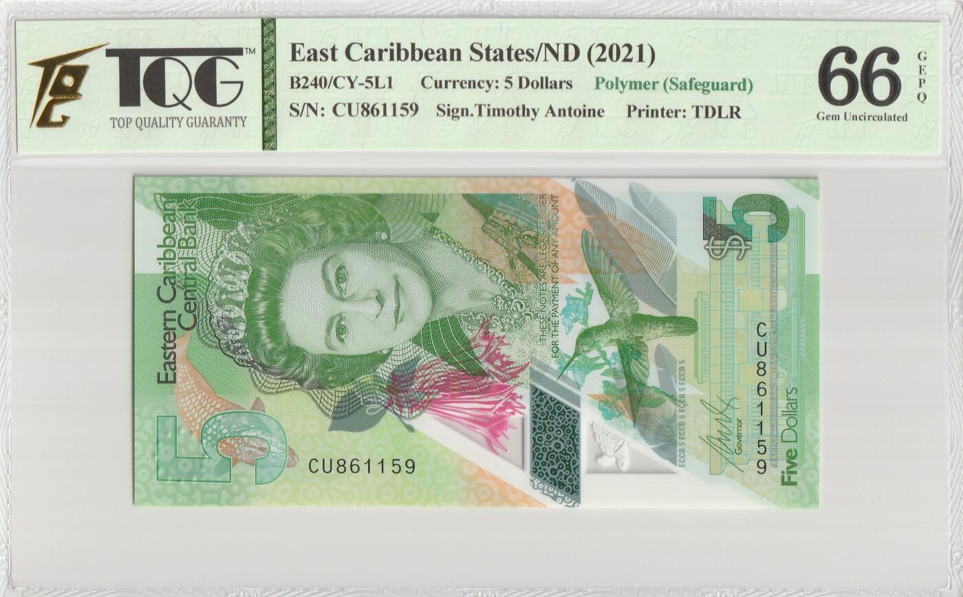 PThappally收藏第56次拍卖，英联邦地区硬币纸币 东加勒比国家5美元 2021, Pick W56, TQG 66 GEPQ Gem UNC