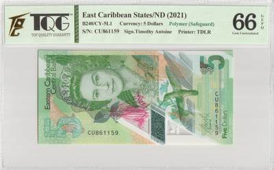 PThappally收藏第56次拍卖，英联邦地区硬币纸币 - 东加勒比国家5美元 2021, Pick W56, TQG 66 GEPQ Gem UNC