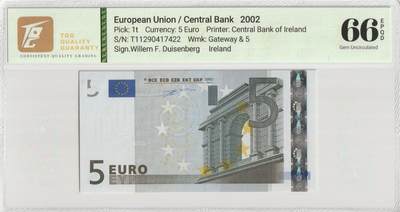 PThappally收藏第56次拍卖，英联邦地区硬币纸币 - 欧洲联盟中央银行 2002 5 欧元 Pick 1(T) Ireland TQG 66 EPQD Gem UNC