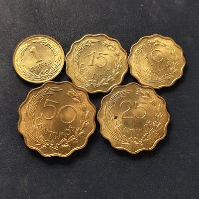 【全场包邮】纯粹捡漏拍518场 - 巴拉圭1950-1953年5枚套币-1分为1950年花版+10-50分4枚为1953年独年份版 BU品相