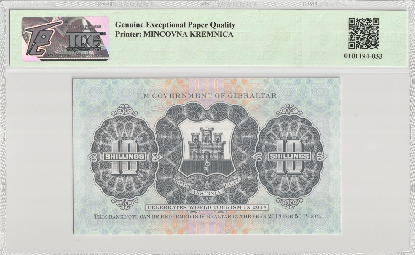 PThappally收藏第56次拍卖，英联邦地区硬币纸币 直布罗陀政府 2018 年 10 先令 Pick W41 TQG 67 Superb Gem UNC