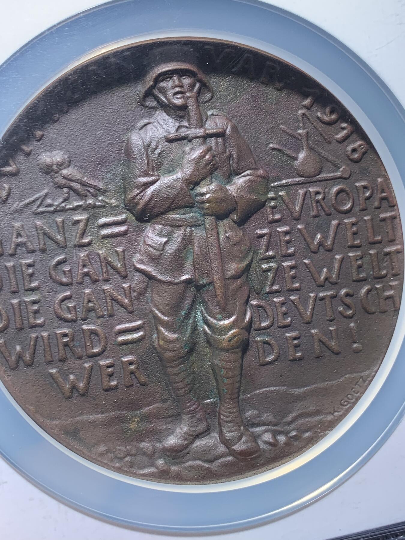 《竞宝斋》第477场 周日，周一 2场连拍 （全场包邮）欢迎送拍 NGC MS63BN 德国1918年卡尔・戈茨铜章，一战末期历史见证，时代烙印鲜明，专题收藏必备，少见超大铜章，约83mm直径，加大加厚盒。