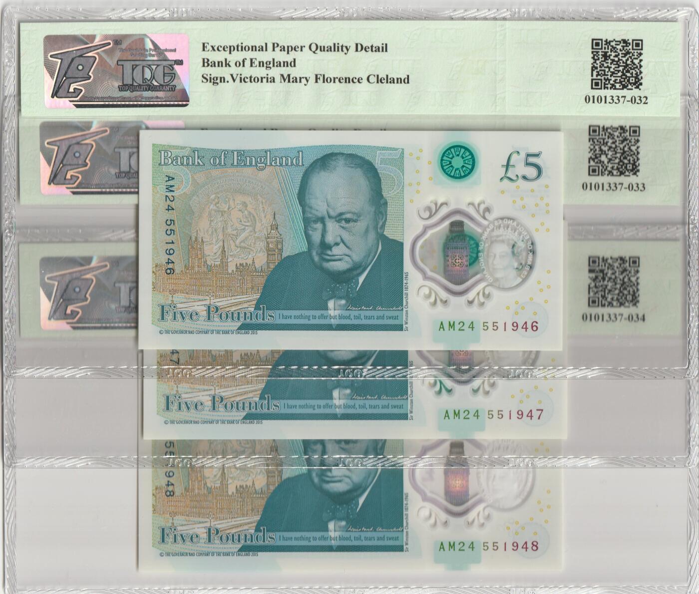 PThappally收藏第56次拍卖，英联邦地区硬币纸币 英格兰银行2016年5英镑三连号 Pick 394 TQG 66 EPQD Gem UNC
