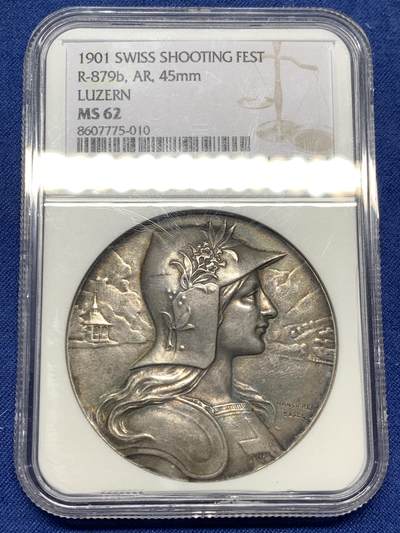 《竞宝斋》第477场 周日，周一 2场连拍 （全场包邮）欢迎送拍 - NGC MS62 瑞士1901年卢塞恩射击节大银章 淡金色包浆，镜面底板，经典品种，45MM