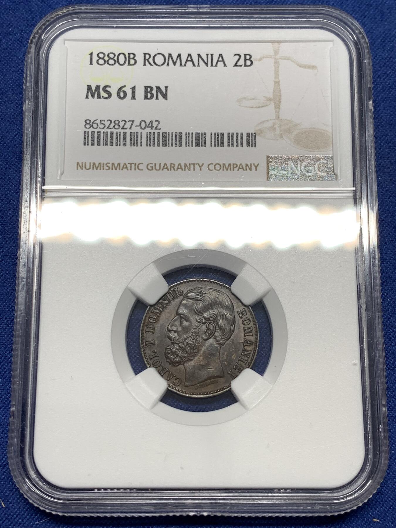 《竞宝斋》第477场 周日，周一 2场连拍 （全场包邮）欢迎送拍 NGC MS61BN 罗马尼亚1880年2巴尼铜币，好品外拍200美元左右