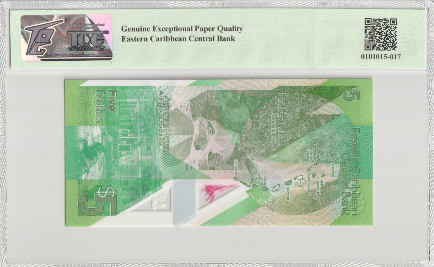 PThappally收藏第56次拍卖，英联邦地区硬币纸币 东加勒比国家5美元 2021, Pick W56, TQG 66 GEPQ Gem UNC