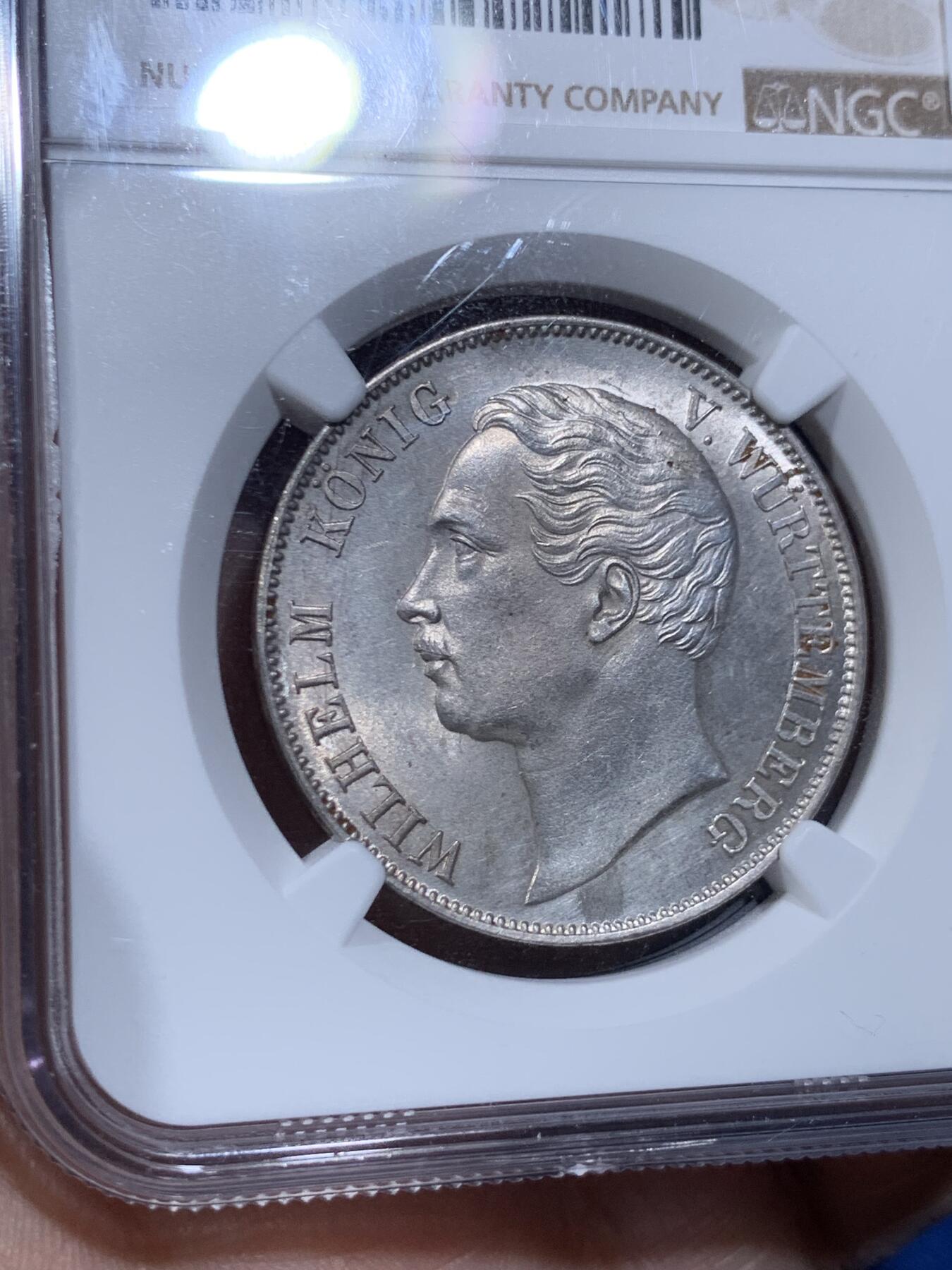 《竞宝斋》第477场 周日，周一 2场连拍 （全场包邮）欢迎送拍 NGC MS61 德国 1859 符腾堡 狮鹿泰勒 银币 德意志帝国早期南德邦国货币，少见品种