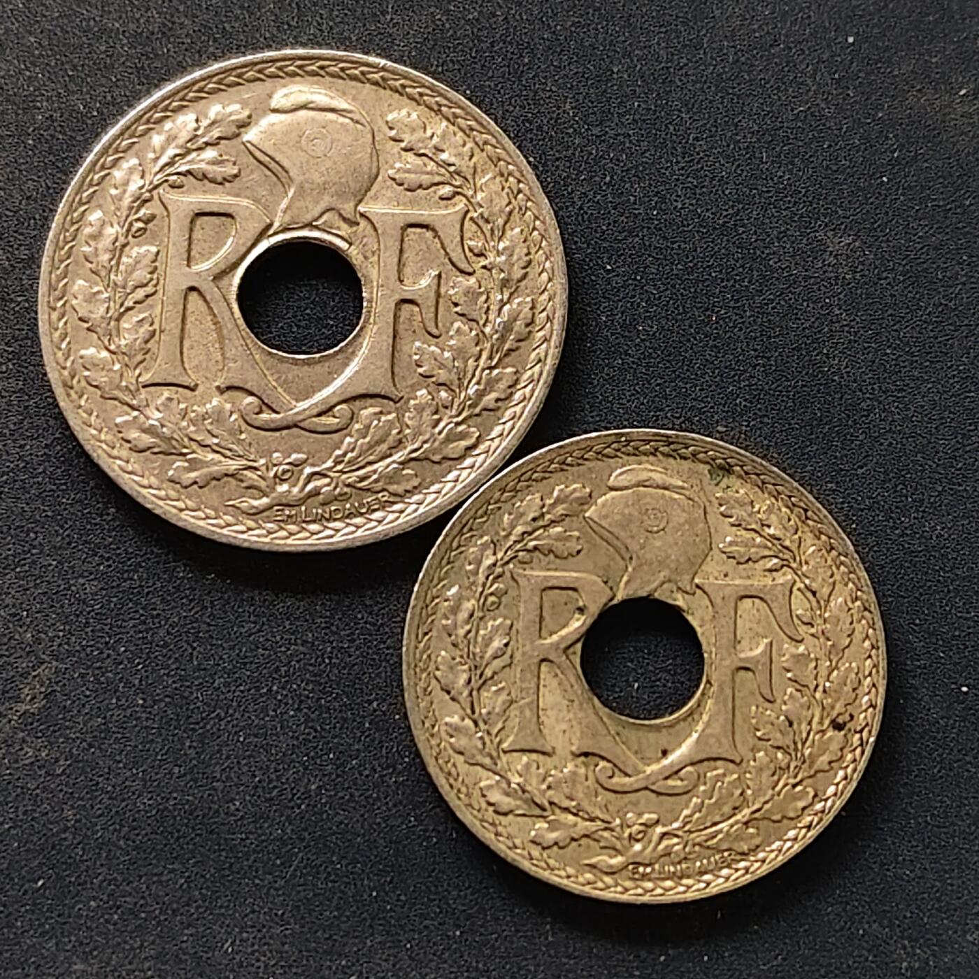 【全场包邮】纯粹捡漏拍518场 法国1917年10-25分自由帽中孔铜镍版2枚套币