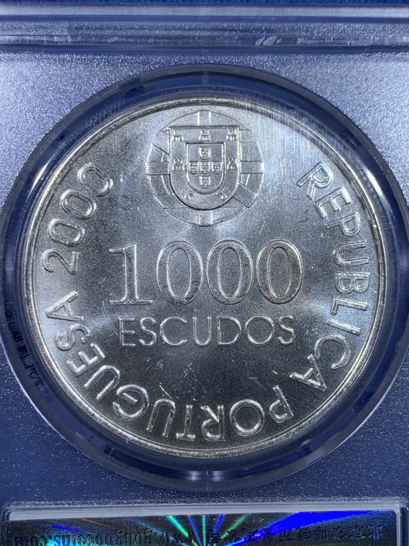 《竞宝斋》第477场 周日，周一 2场连拍 （全场包邮）欢迎送拍 公博 MS67 葡萄牙2000年葡属印度总督若昂 、德、卡斯特罗1000ESC银币