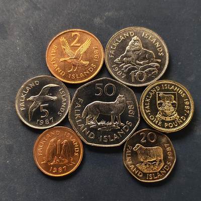 【全场包邮】纯粹捡漏拍518场 - 福克兰群岛1987年清年份7枚套币-含1镑福克兰群岛盾徽