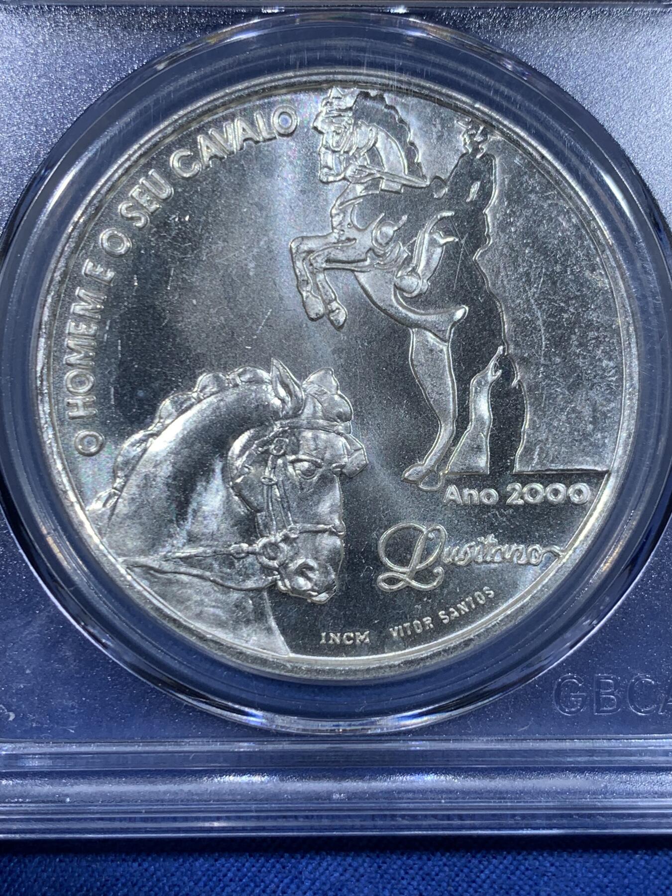 《竞宝斋》第477场 周日，周一 2场连拍 （全场包邮）欢迎送拍 公博 MS67 葡萄牙2000年卢西塔诺马1000ESC银币