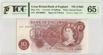 PThappally收藏第56次拍卖，英联邦地区硬币纸币 - 英格兰银行 1960 年 10 先令旋转数字 Pick 373a J18 606061 TQG 65 EPQD Gem UNC