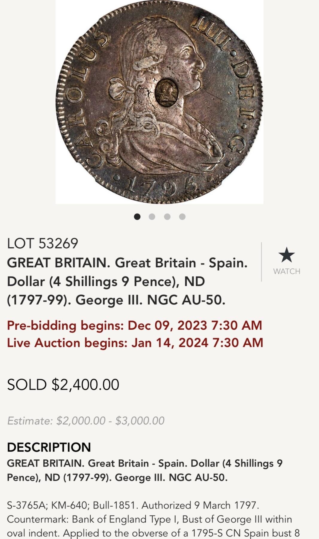 《竞宝斋》第477场 周日，周一 2场连拍 （全场包邮）欢迎送拍 NGC XF45 英格兰银行1795加盖本土卡四8里亚尔，本土加盖十分罕见，2024年50分SBP拍卖含佣2400刀成交