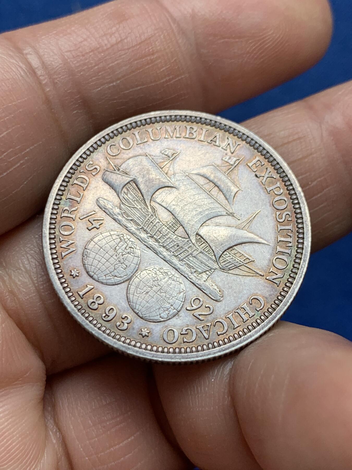 《竞宝斋》第477场 周日，周一 2场连拍 （全场包邮）欢迎送拍 美国1893年哥伦布纪念半美元银币 双面环彩 地图细节清晰可见