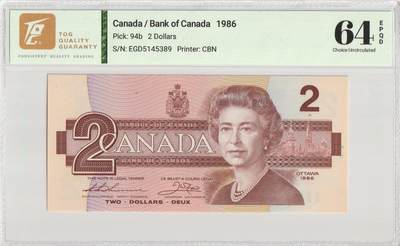 PThappally收藏第56次拍卖，英联邦地区硬币纸币 - 加拿大银行 1986 年 2 元 Pick 94b