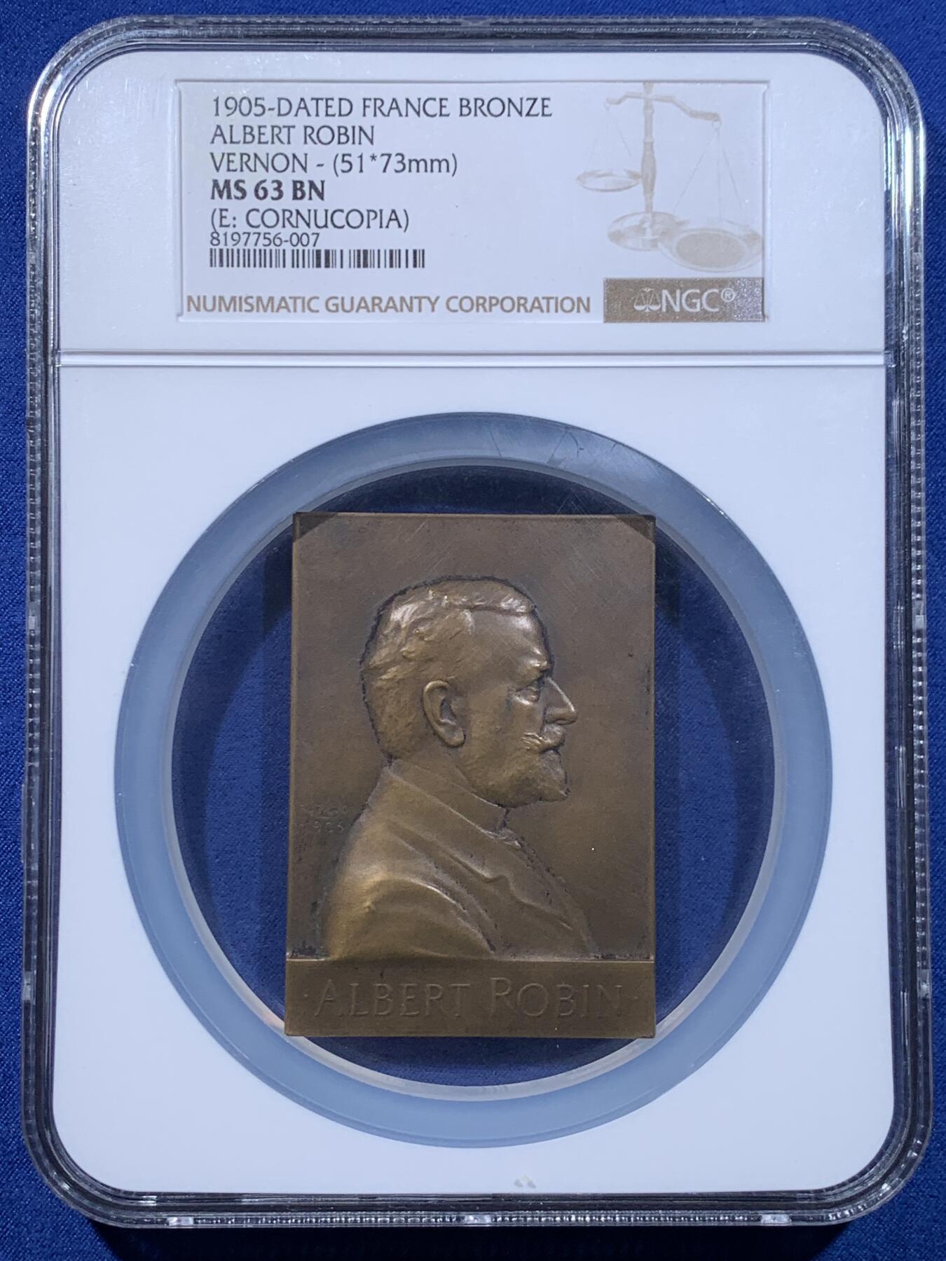 《竞宝斋》第477场 周日，周一 2场连拍 （全场包邮）欢迎送拍 NGC MS63BN 法国著名医生纪念铜章，Vernon 名家手笔，艺术大师级精品，艺术价值极高，加大加厚盒装。